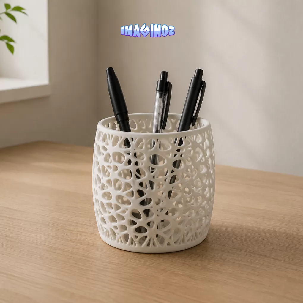 Imaginoz 3D Printed Organic Mesh Pen Stand | Modern Desk Organizer | Premium PLA Stationery Holder | Pencil & Brush Organizer | White