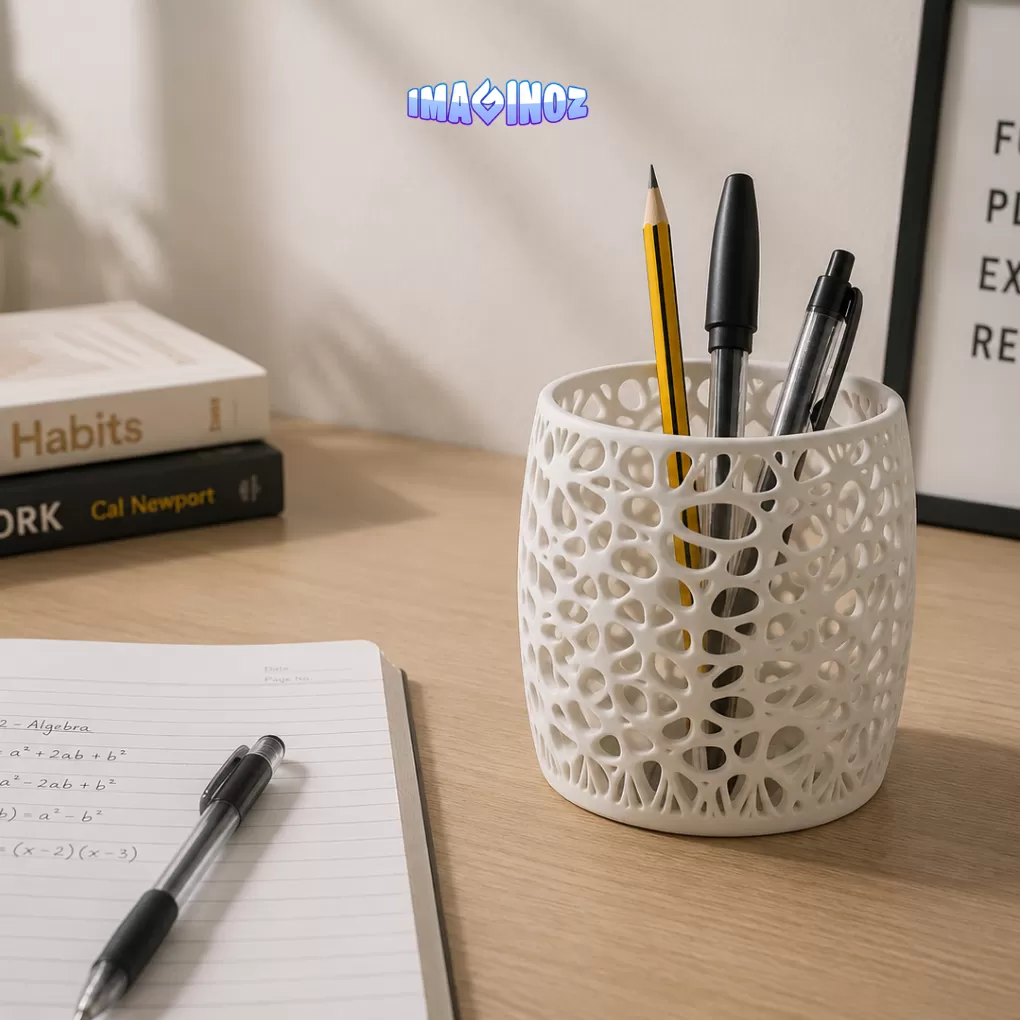 Imaginoz 3D Printed Organic Mesh Pen Stand | Modern Desk Organizer | Premium PLA Stationery Holder | Pencil & Brush Organizer | White image 2