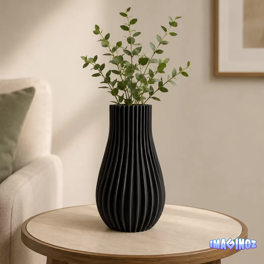 Imaginoz 3D Printed Ribbed Decorative Vase | Modern Minimalist Flower Vase | Premium PLA Home Decor | Black