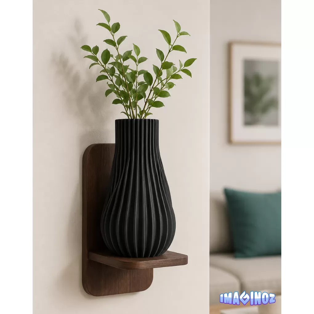 Imaginoz 3D Printed Ribbed Decorative Vase | Modern Minimalist Flower Vase | Premium PLA Home Decor | Black image 2