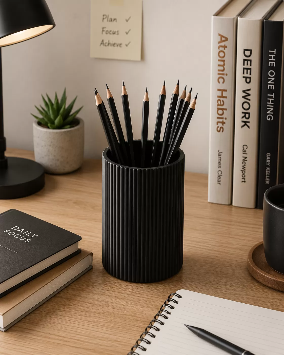 Imaginoz 3D Printed Ribbed Pen Stand | Modern Desk Organizer | Minimalist Pencil Holder | Office & Study Table Accessory | Black image 2