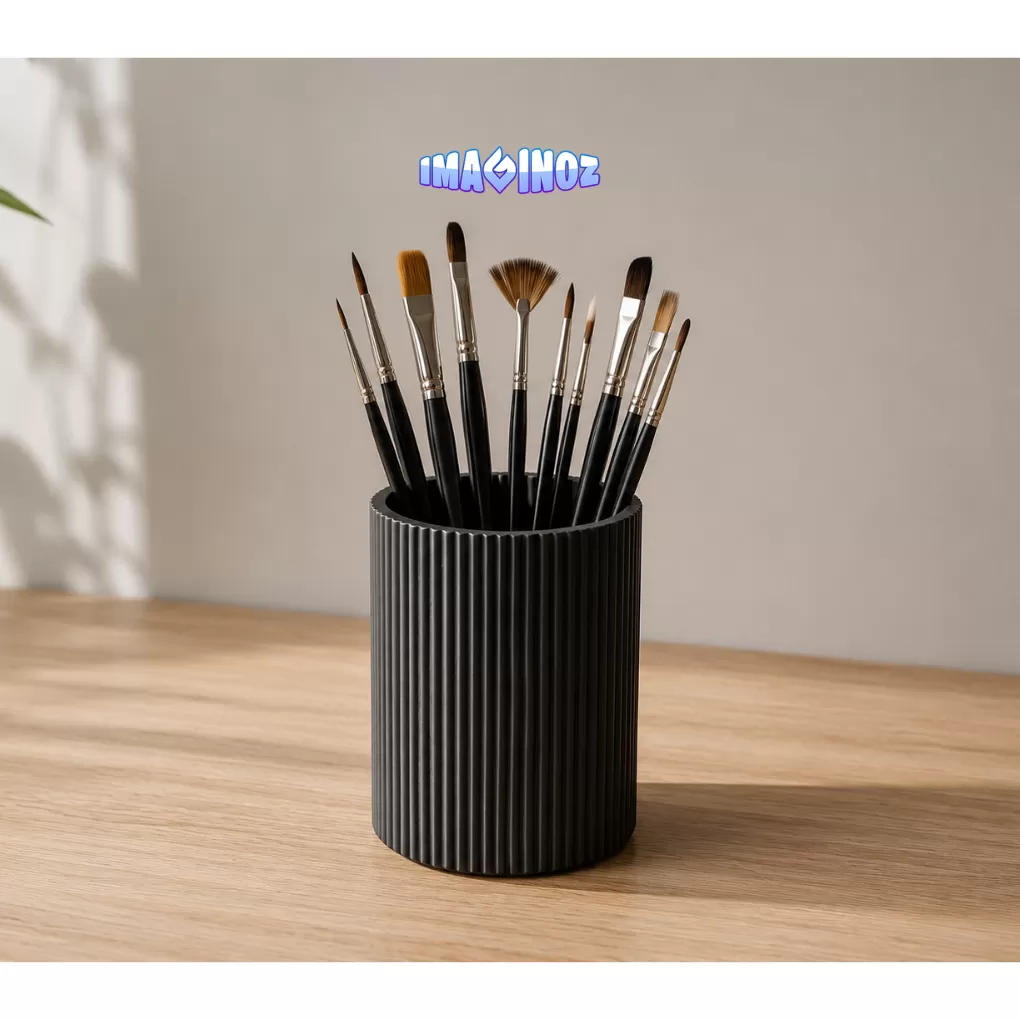Imaginoz 3D Printed Ribbed Pen Stand | Modern Desk Organizer | Minimalist Pencil Holder | Office & Study Table Accessory | Black