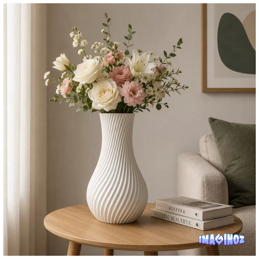 Imaginoz 3D Printed Spiral Decorative Vase | Modern Minimalist Flower Vase | Premium PLA Home Decor | White