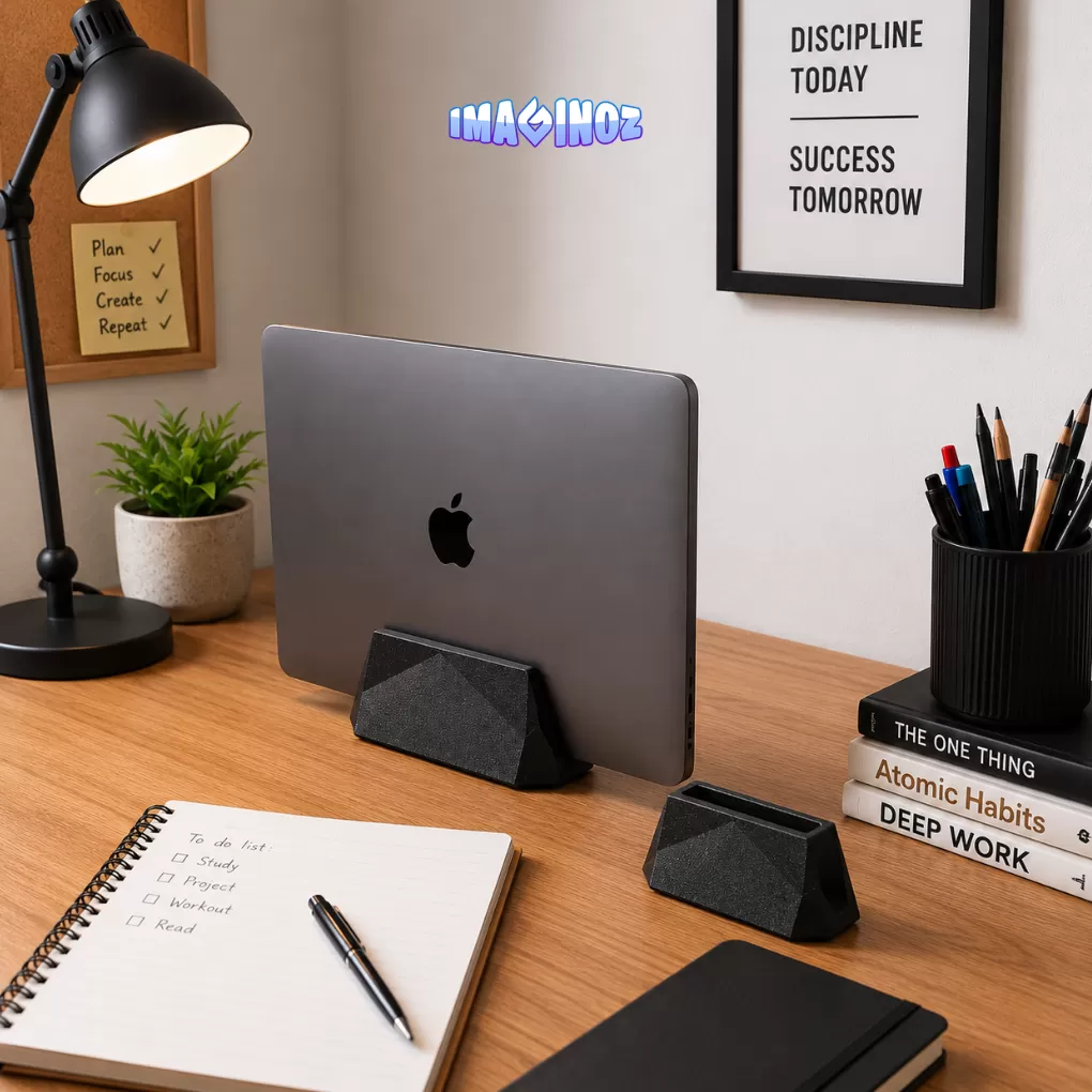 Imaginoz 3D Printed Vertical Laptop Dock | Minimalist Laptop Stand | Space Saving Desk Organizer | Compatible with MacBook & Laptops | Black image 2