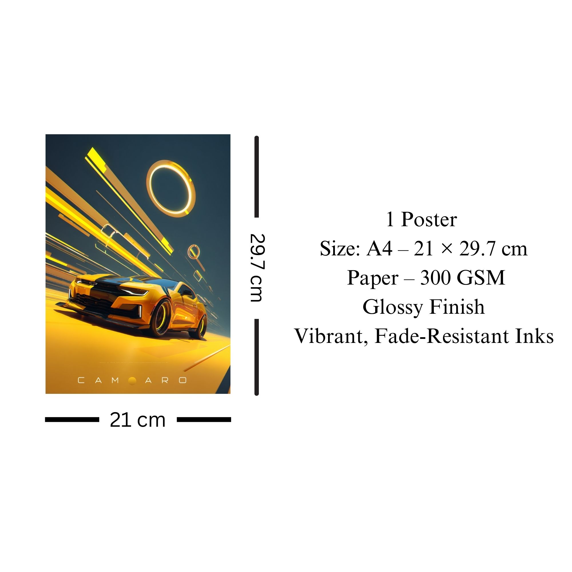 Chevrolet Camaro Poster A4 | Futuristic Yellow Muscle Car Wall Art image 3