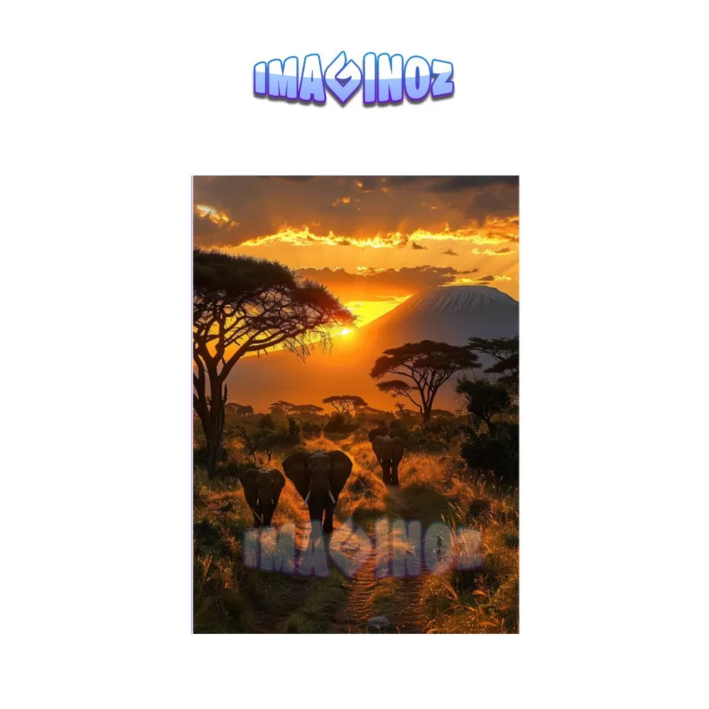 Safari Sunset Elephants Poster A4