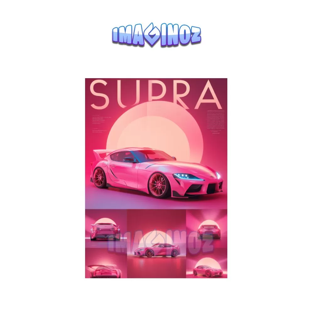 Toyota Supra Sunset Poster A4 | Neon Pink JDM Car Wall Art