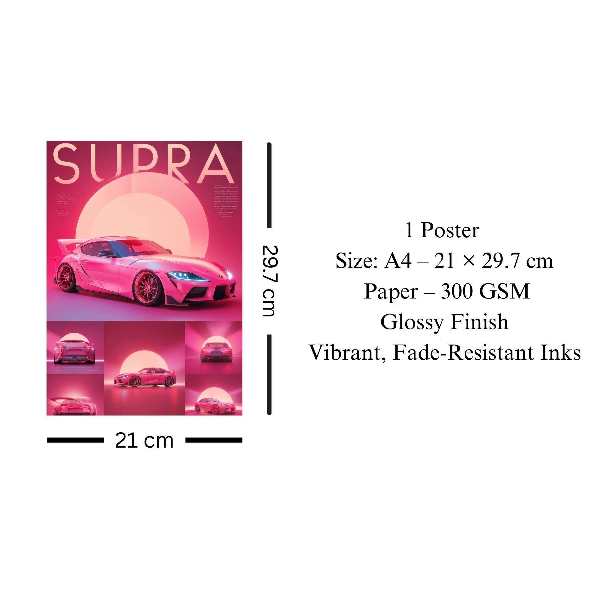 Toyota Supra Sunset Poster A4 | Neon Pink JDM Car Wall Art image 3