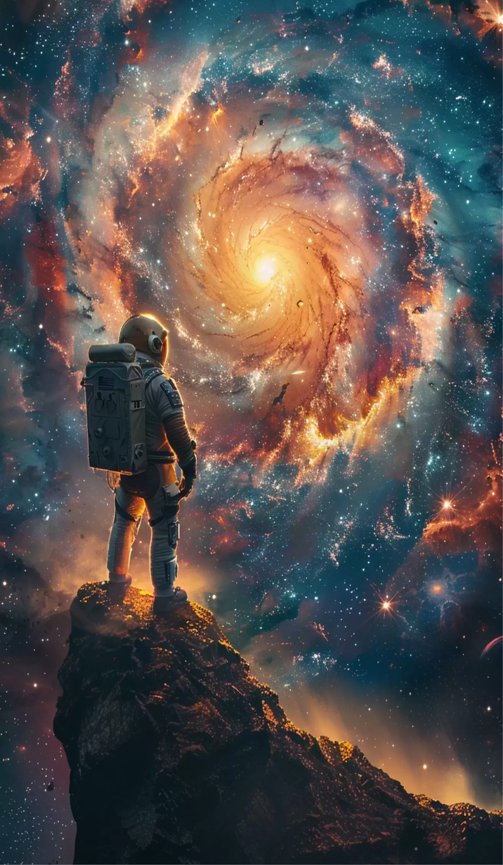 Cosmic Galaxy A4 Wall Art – Space, Astronaut & Planet Posters for Room Decor - Astronaut & Golden Galaxy – Futuristic Space View A4 Poster
