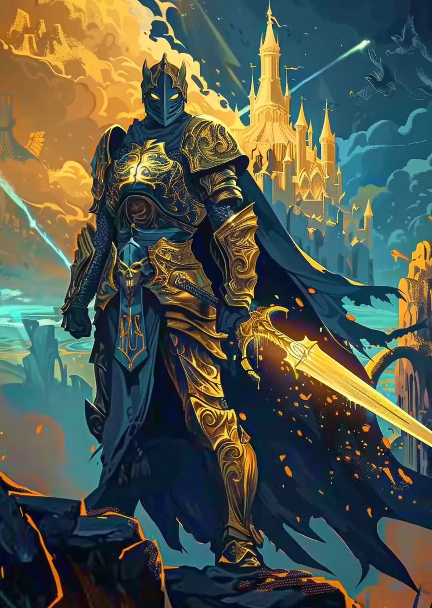 Gaming Aesthetic Mega Poster| A4 Size | Futuristic, Cyberpunk & Motivational Gamer Wall Art - Golden Knight Warrior Poster A4 | Epic Fantasy Armor Gaming Wall Art
