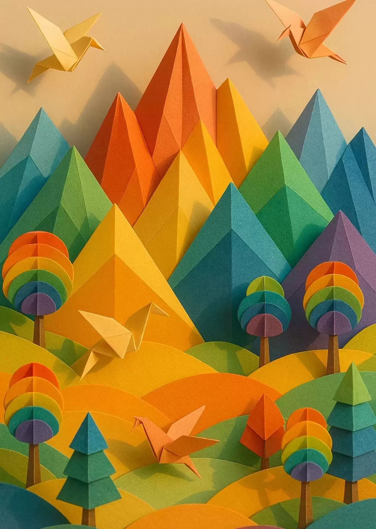 Vibrant Multicolor Aesthetic Wall Art | A4 Size | Modern Colourful Decorative Posters - Rainbow Origami Landscape Poster A4 | Colourful Paper Art Wall Decor