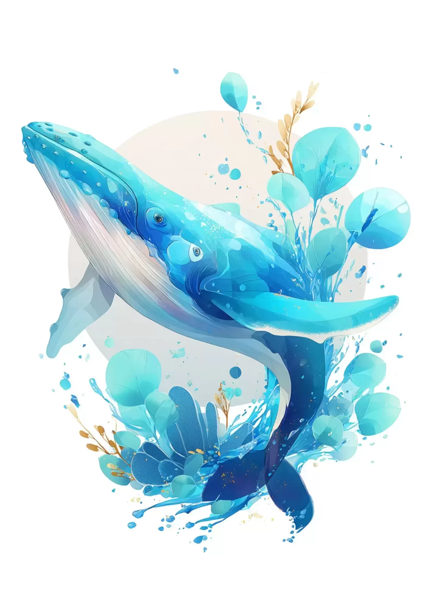 A5 Blue Aesthetic Botanical Leaves Poster – Modern Nature Wall Art - A5 Blue Aesthetic Whale Illustration Poster – Ocean Inspired Wall Art