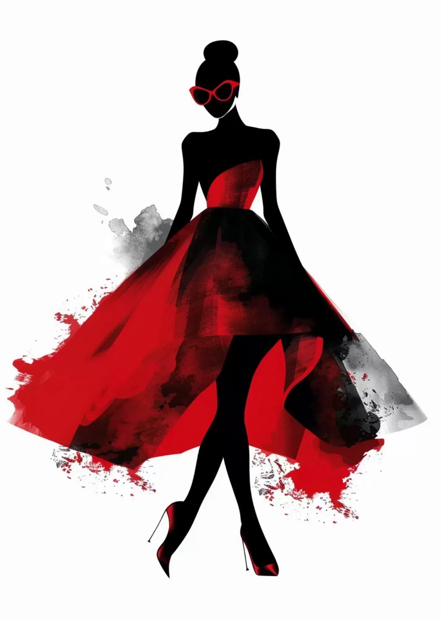 Aesthetic Cat & Butterfly Minimal Poster - Red Dress Fashion Silhouette Poster