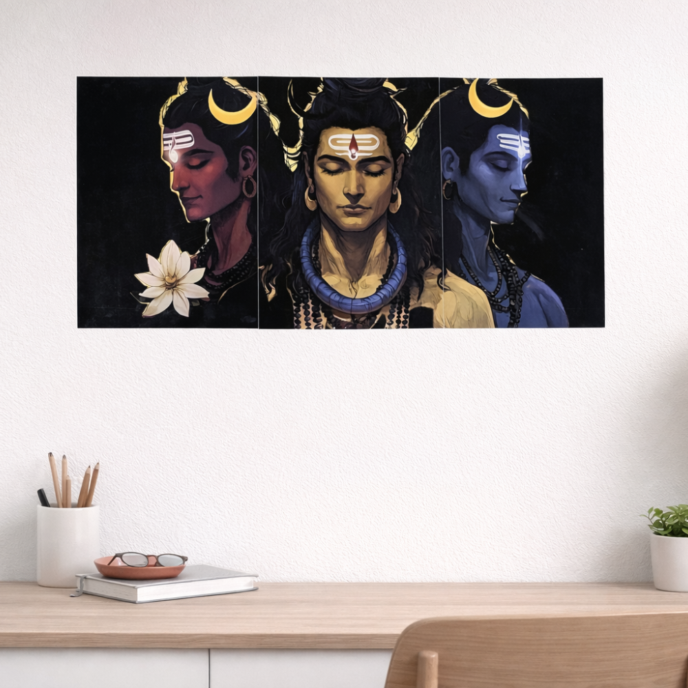 Mahadev Trikal Split Poster – Minimal Spiritual Wall Art (3-Panel Set) image 2