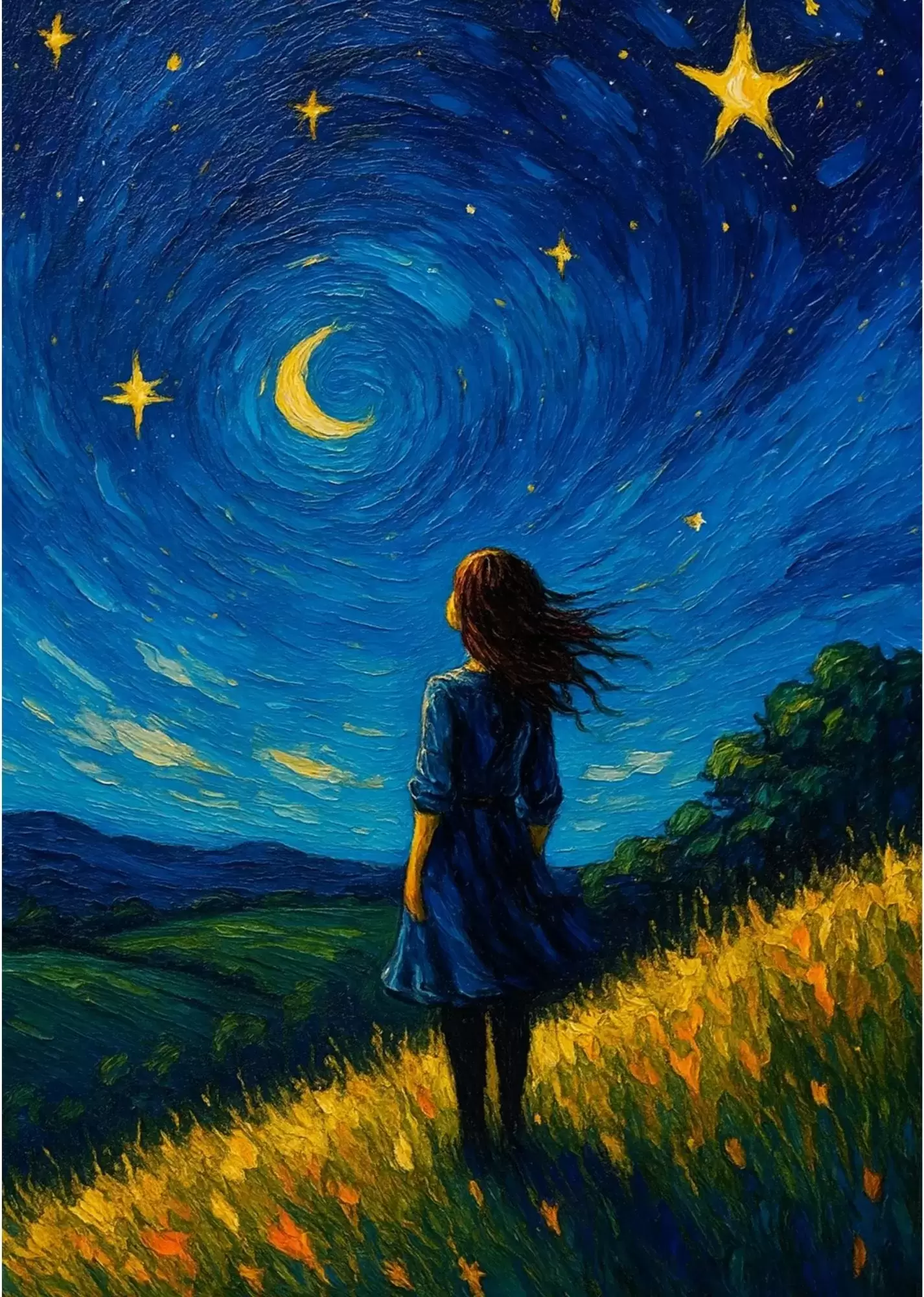 Starry Night Window Dream A5 Blue Aesthetic Poster - Girl Under the Crescent Moon A5 Blue Aesthetic Poster