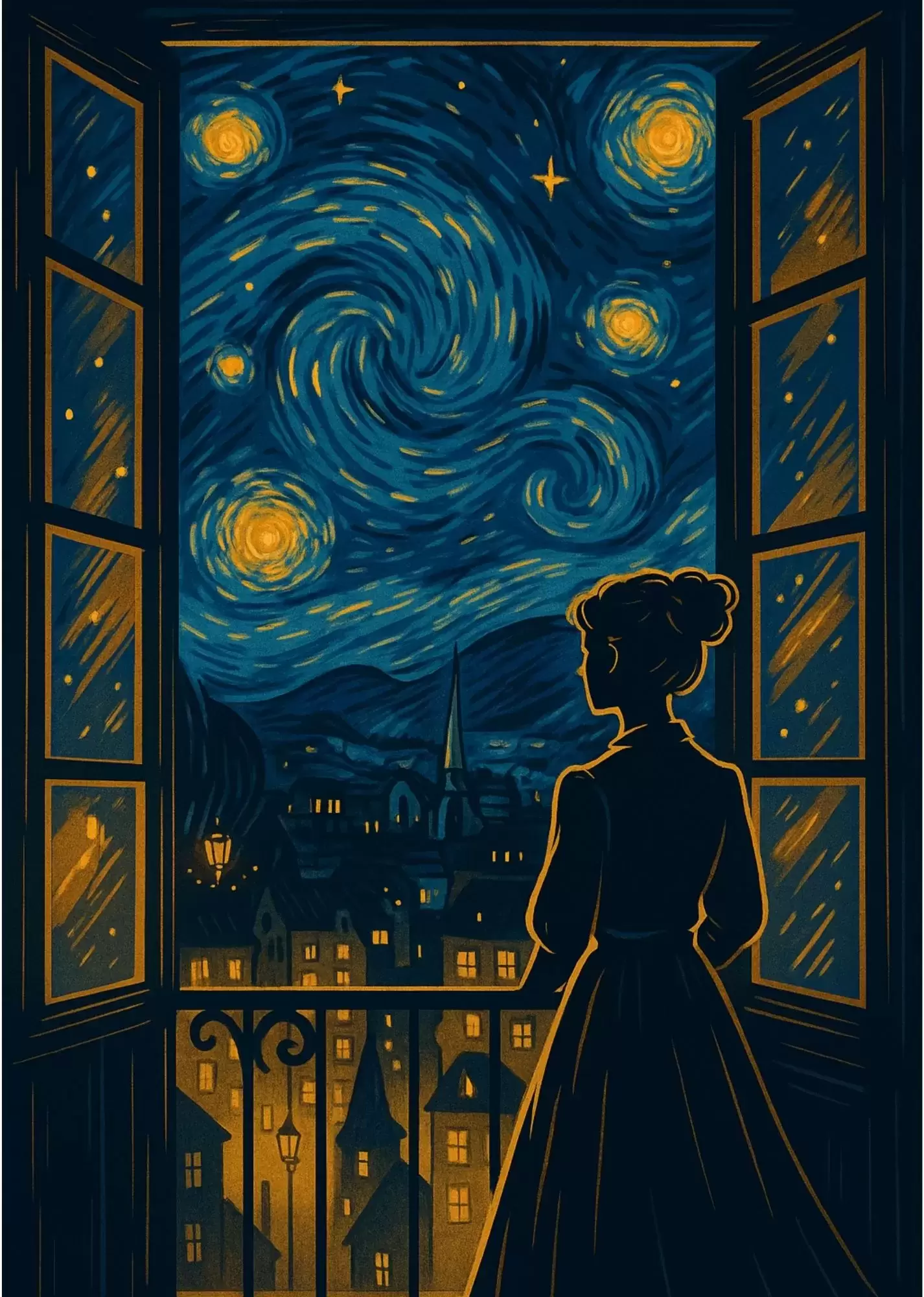 Starry Night Window Dream A5 Blue Aesthetic Poster - Golden Night City View A5 Blue Aesthetic Poster