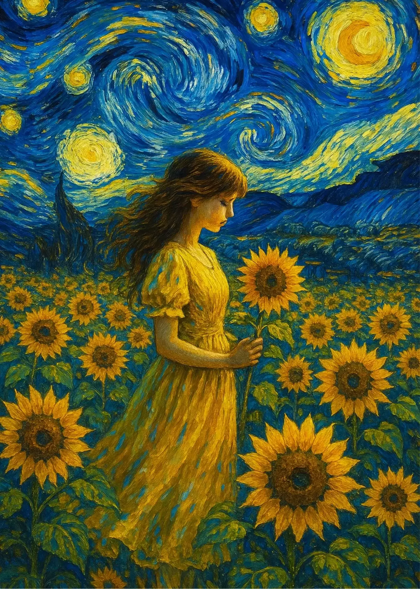 Starry Night Window Dream A5 Blue Aesthetic Poster - Sunflower Dreams in a Starry Night A5 Blue Aesthetic Poster