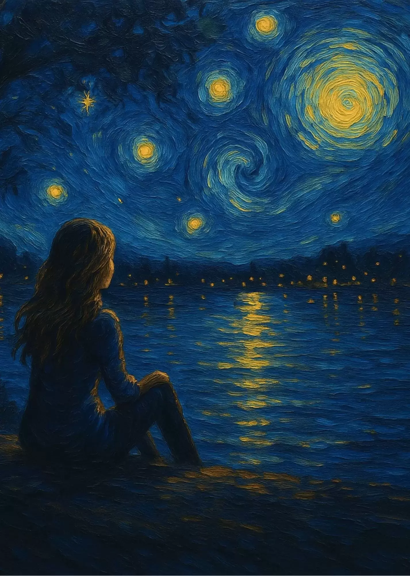 Starry Night Window Dream A5 Blue Aesthetic Poster - Moonlit Reflection by the Lake A5 Blue Aesthetic Poster