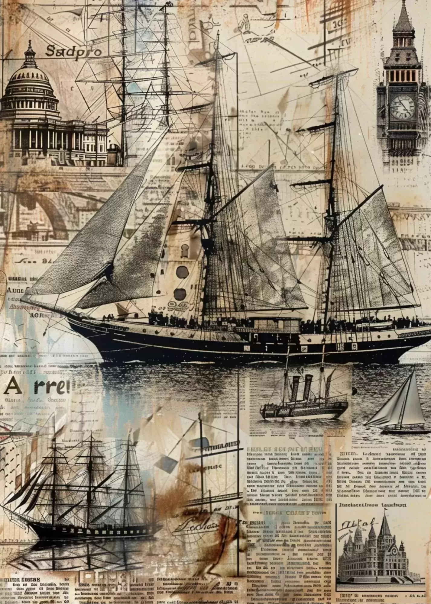 Vintage Newspaper Texture Collage Poster - Historic Sailing Ships Illustration Collage