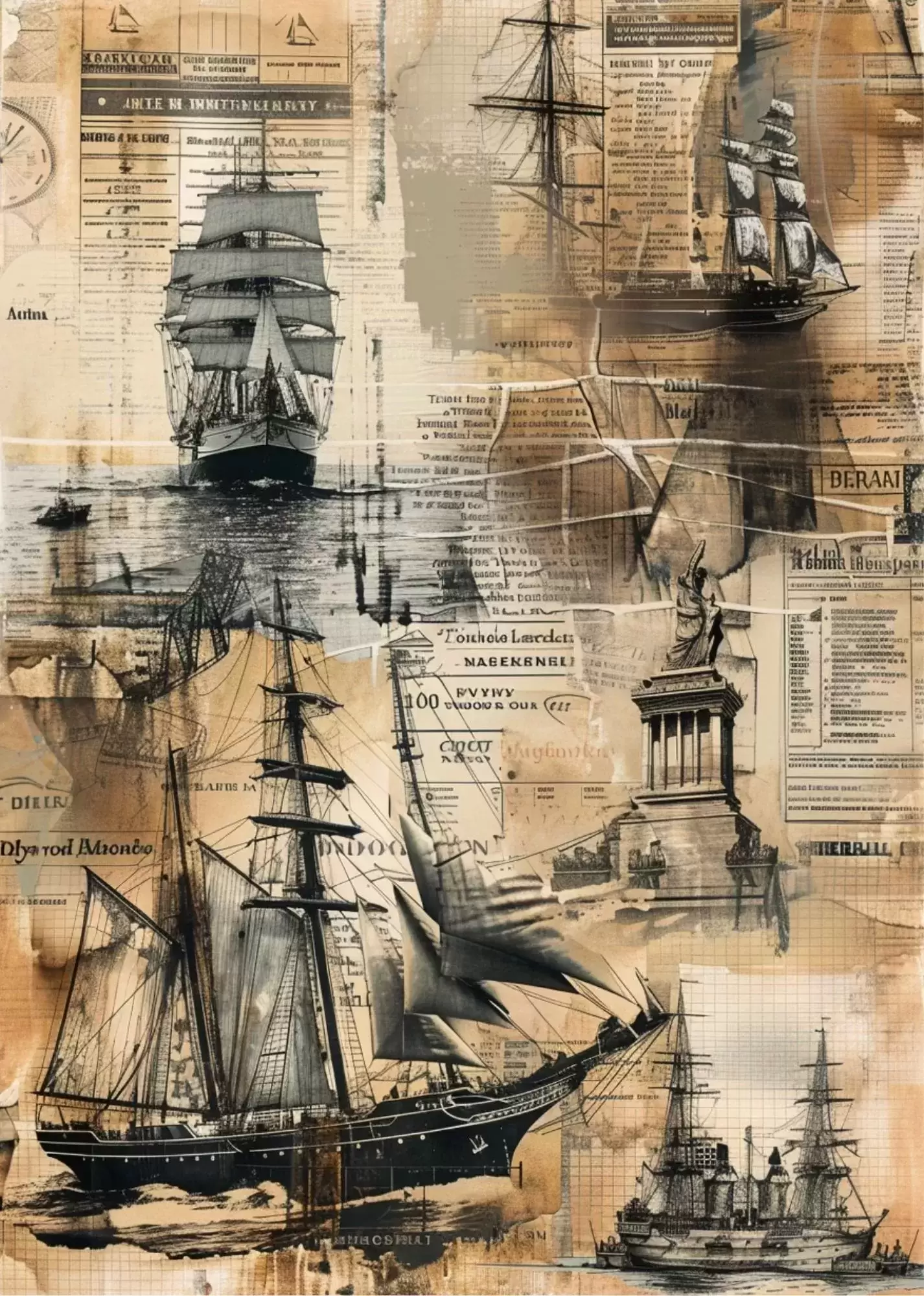Vintage Newspaper Texture Collage Poster - Classic Nautical Ships Collage Art Poster