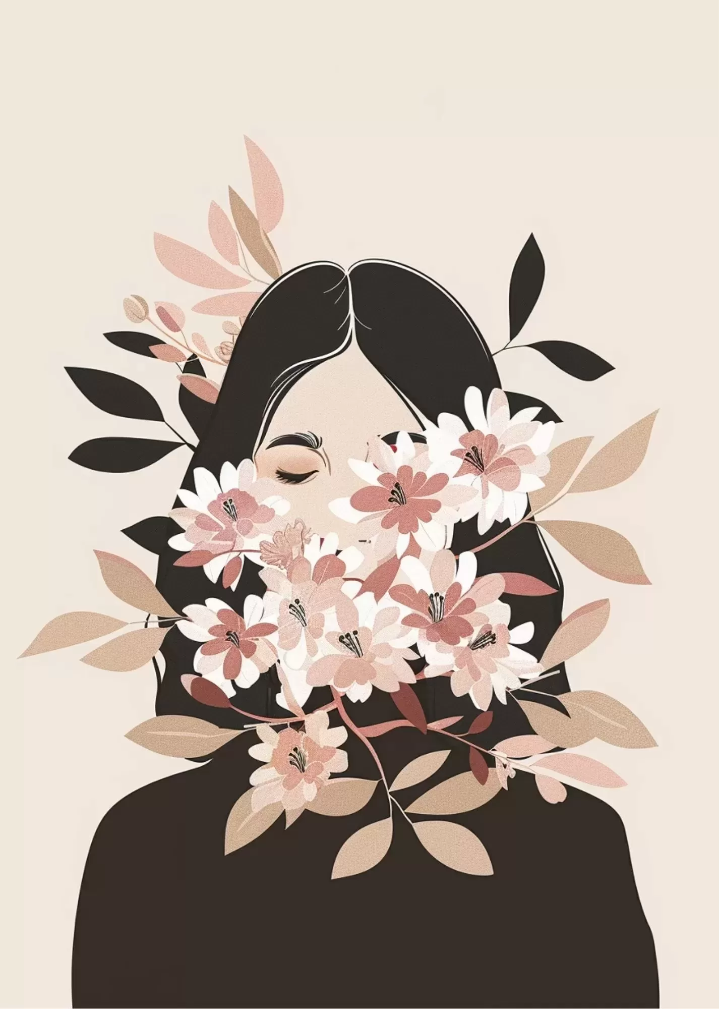 Vintage Newspaper Texture Collage Poster - Woman with Floral Face – Modern Collage Art