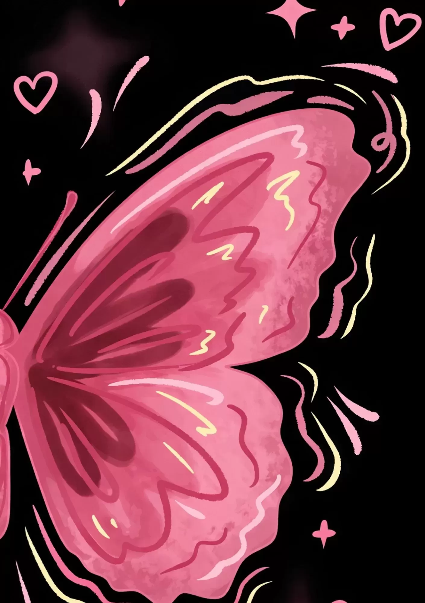 Watercolour Pink Flower with Soft Ribbon Aesthetic Art – A5 Poster - Pink Butterfly Illustration on Black Background Aesthetic Art – A5 Poster