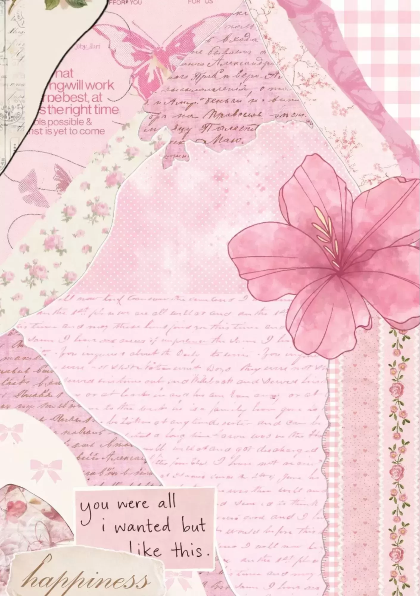 Watercolour Pink Flower with Soft Ribbon Aesthetic Art – A5 Poster - Pink Vintage Collage Floral Scrapbook Aesthetic – A5 Poster