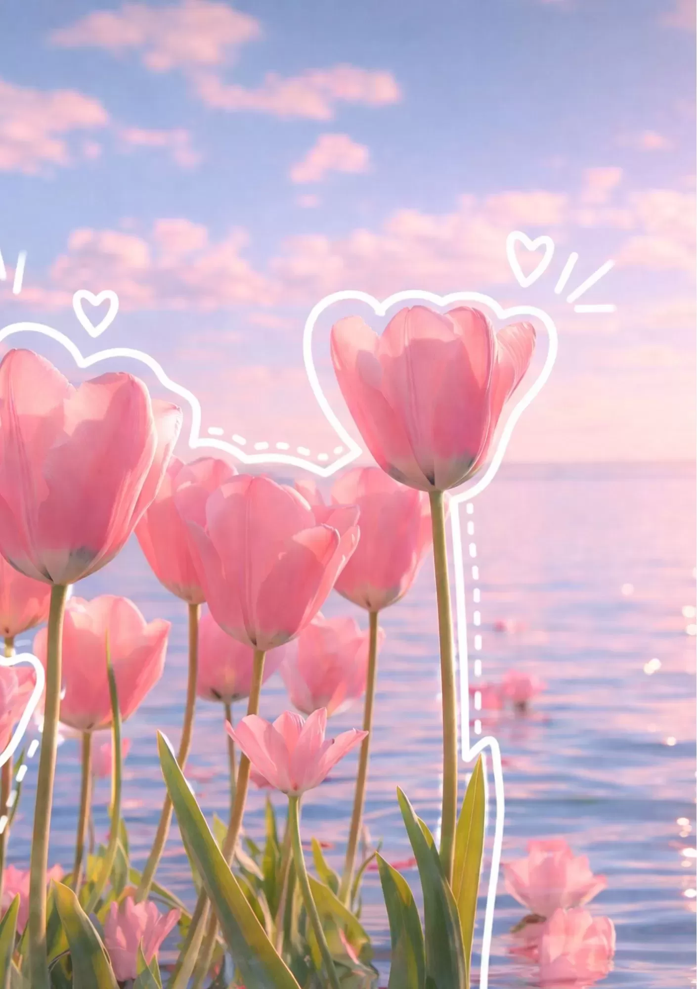 Watercolour Pink Flower with Soft Ribbon Aesthetic Art – A5 Poster - Dreamy Pink Tulips by the Sea Romantic Aesthetic – A5 Poster