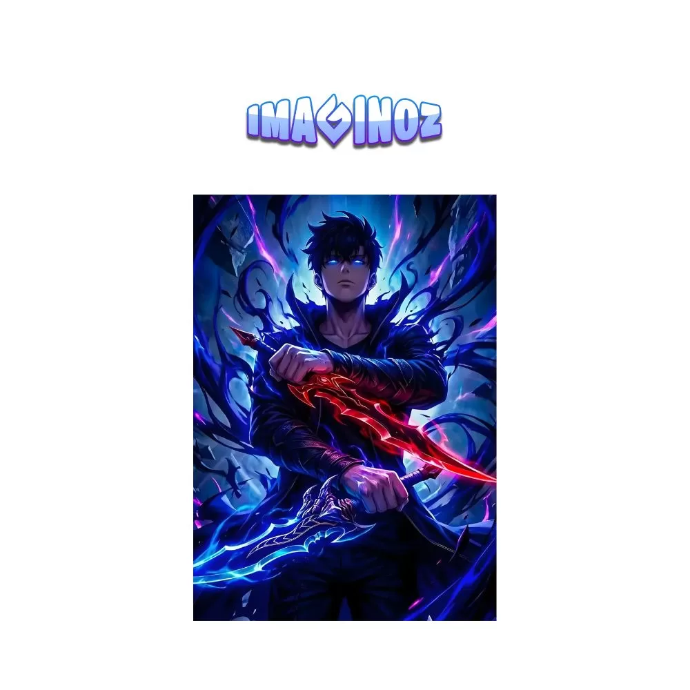 Dark Fantasy Dual Sword Anime Poster A4 Blue Red Aesthetic