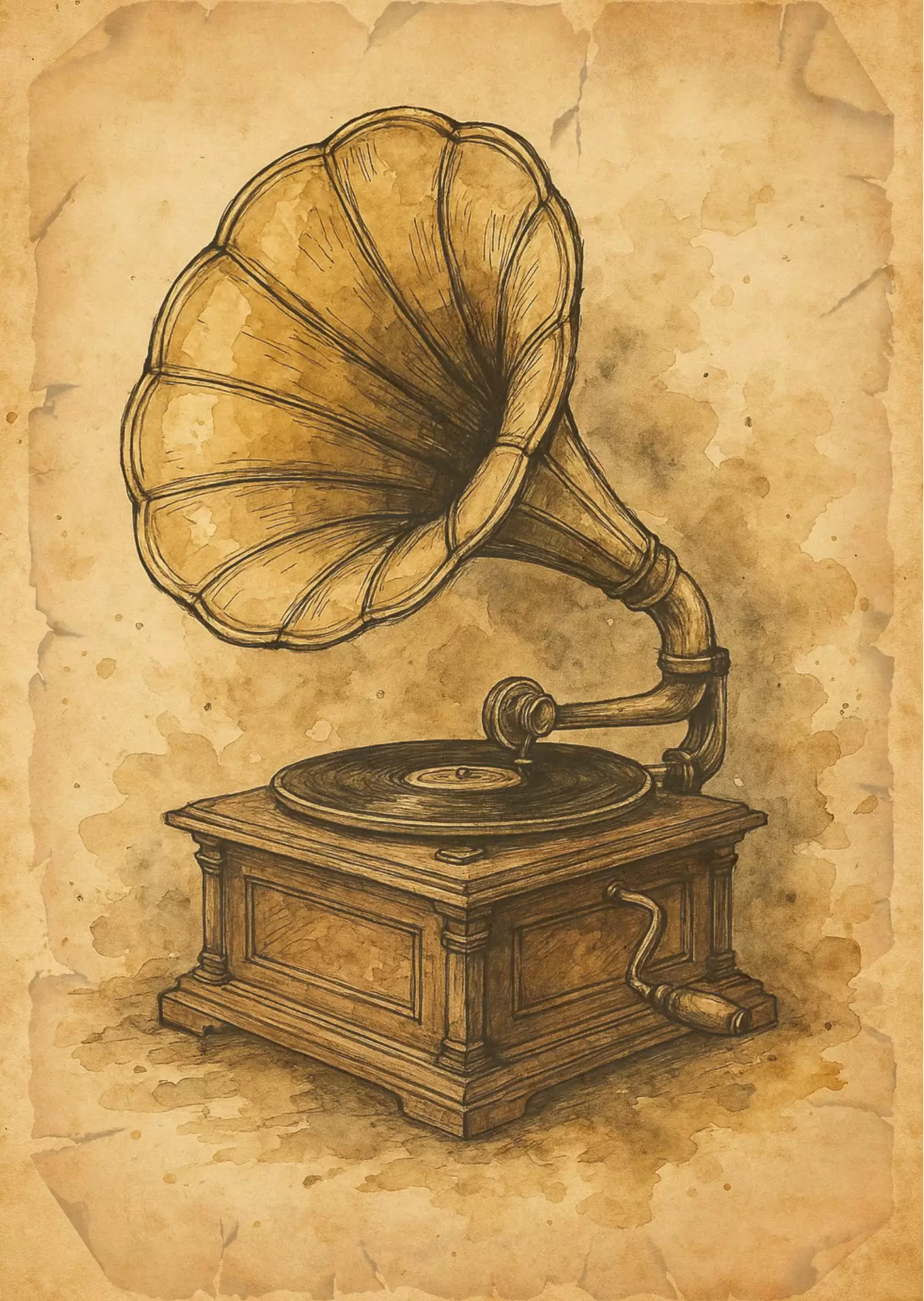 Vintage Vinyl Record Player Poster – Retro Music Aesthetic - Vintage Gramophone Illustration Poster – Antique Music Decor